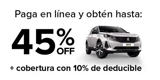 Obtén hasta 45%OFF en renta de auto + Cobertura con 10% de deducible